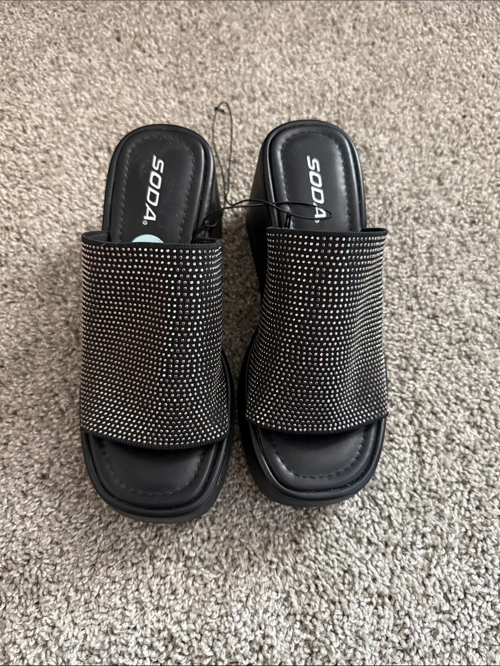 Soda Black Rhinestone Mule Slides